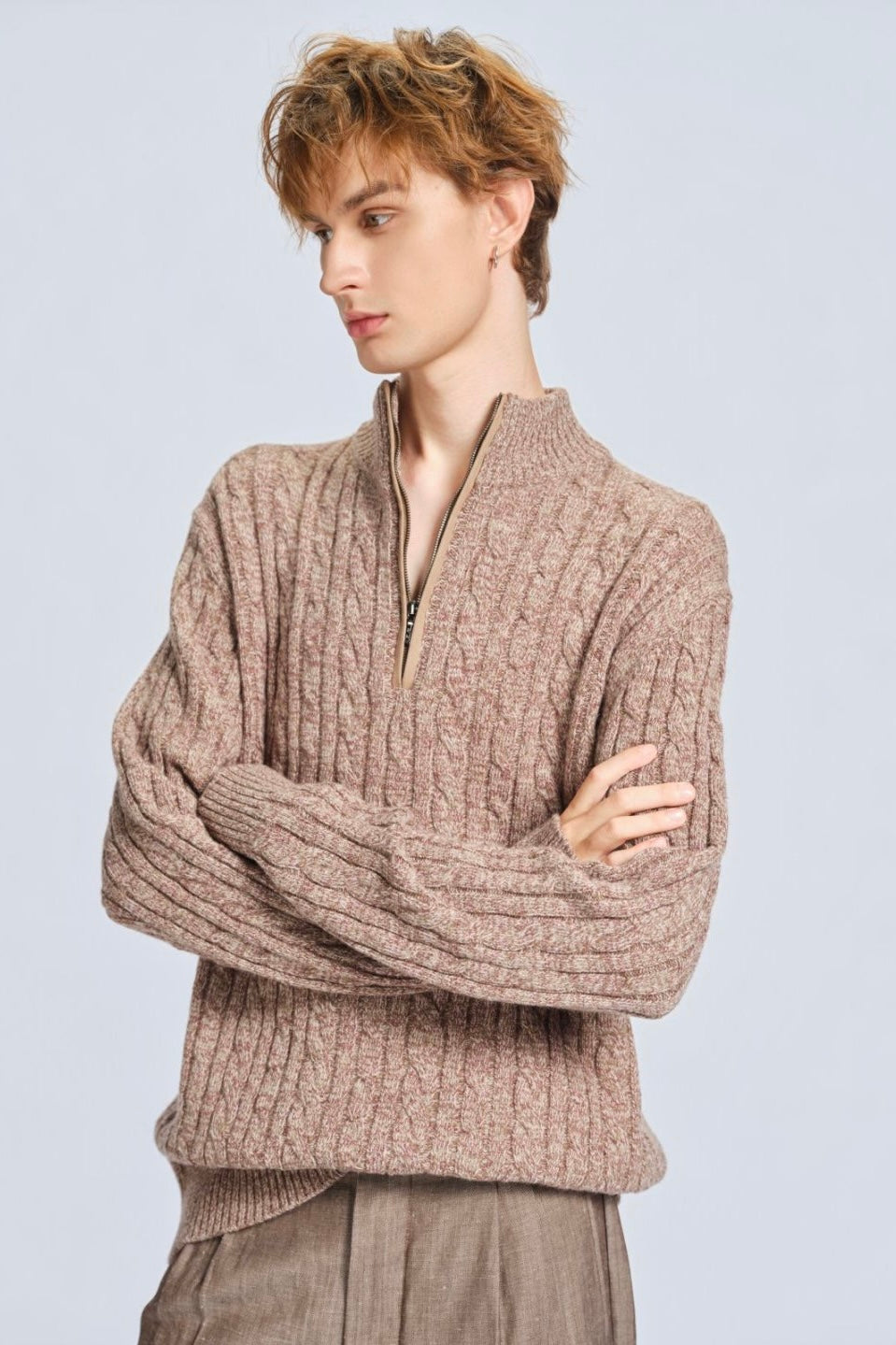 Floral Cable-Knit Wool Half-Zip Knit Sweater