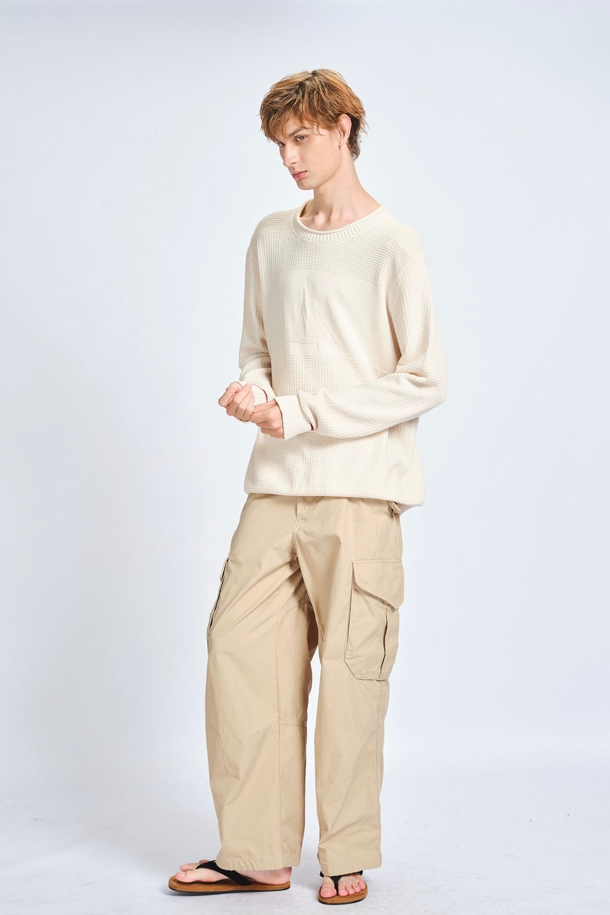 Waffle-Knit Sailboat Pattern Long-Sleeve Crewneck Sweater