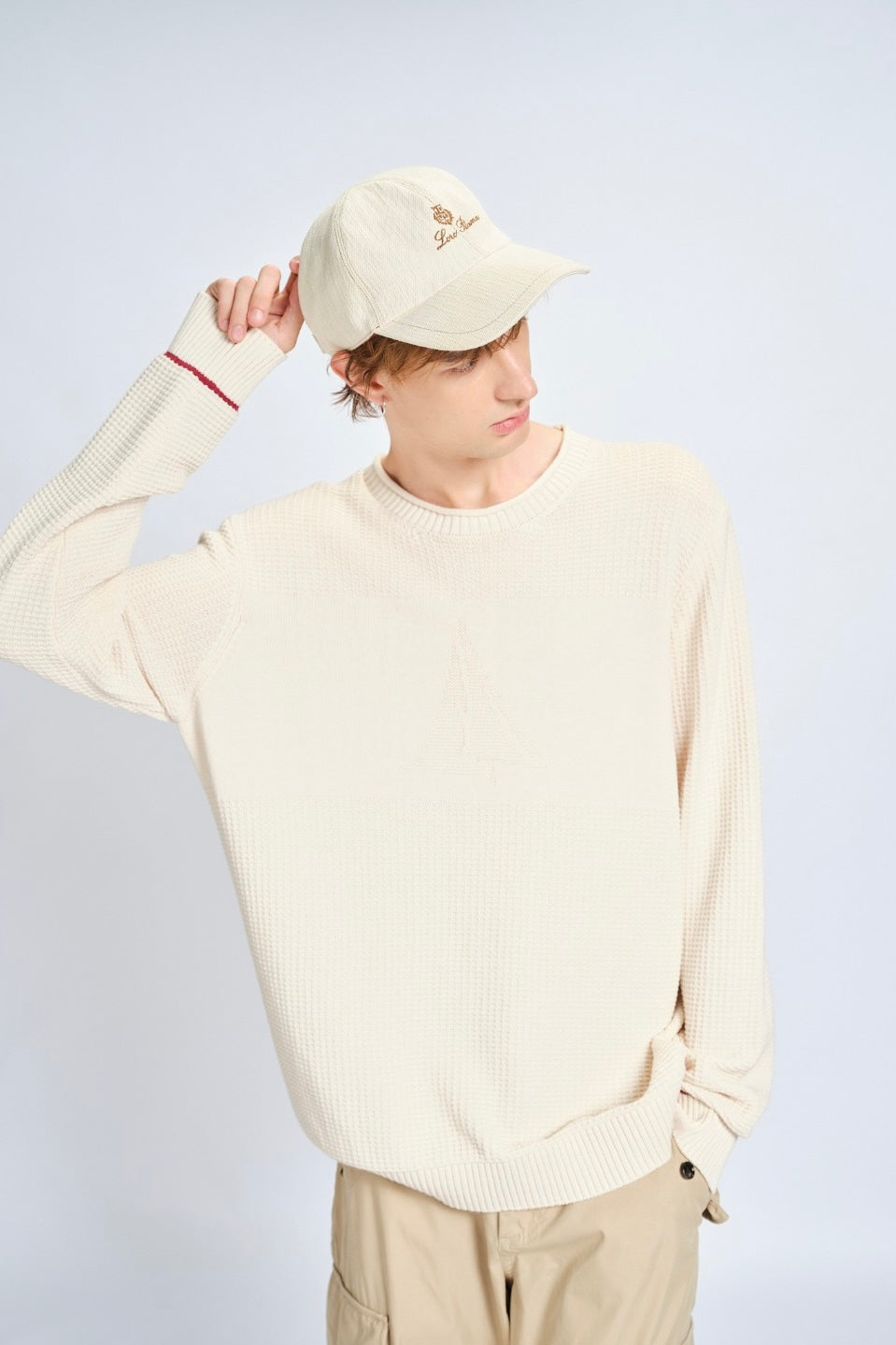 Waffle-Knit Sailboat Pattern Long-Sleeve Crewneck Sweater